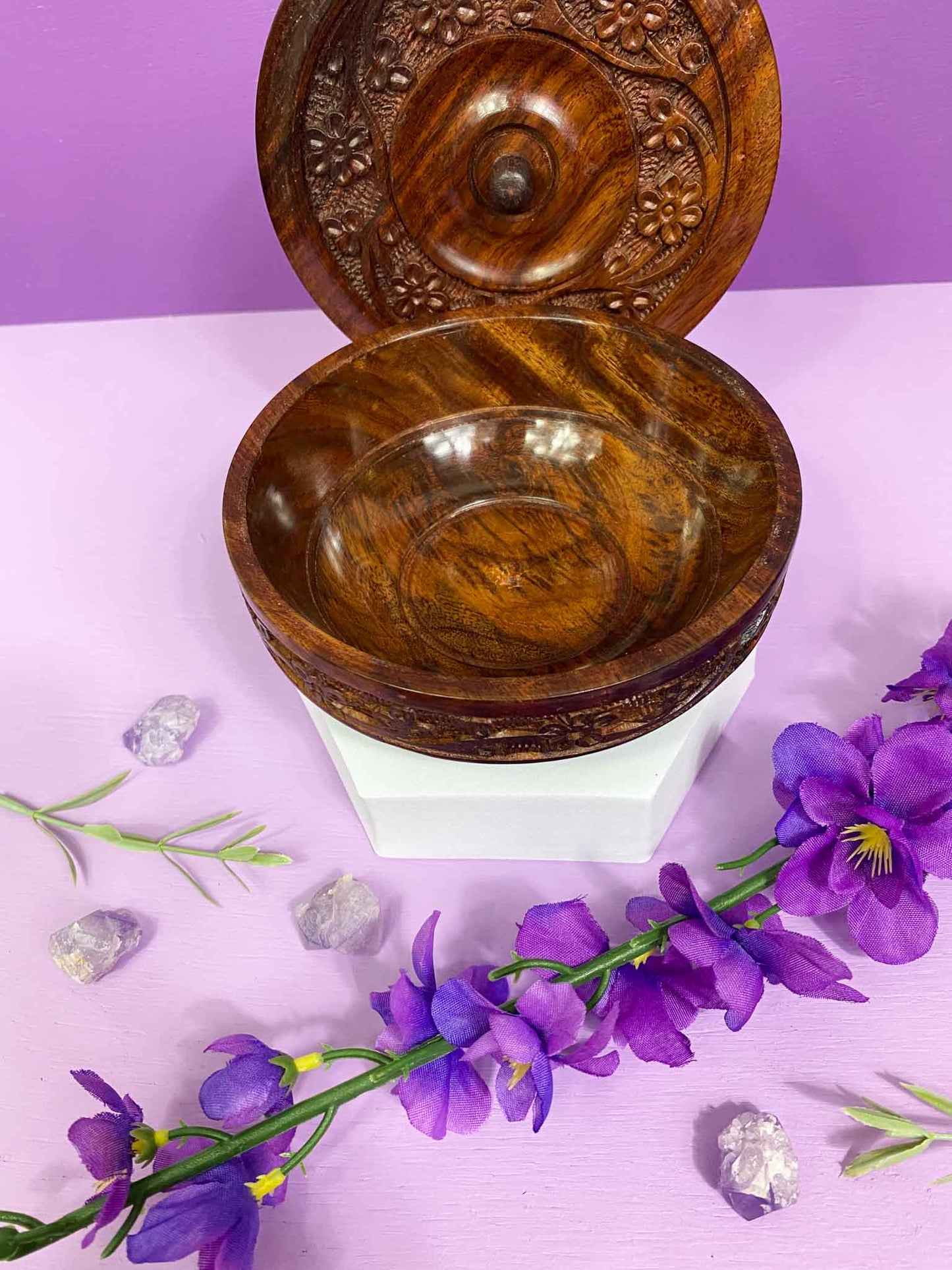 Floral Wood Bowl w/ Lid